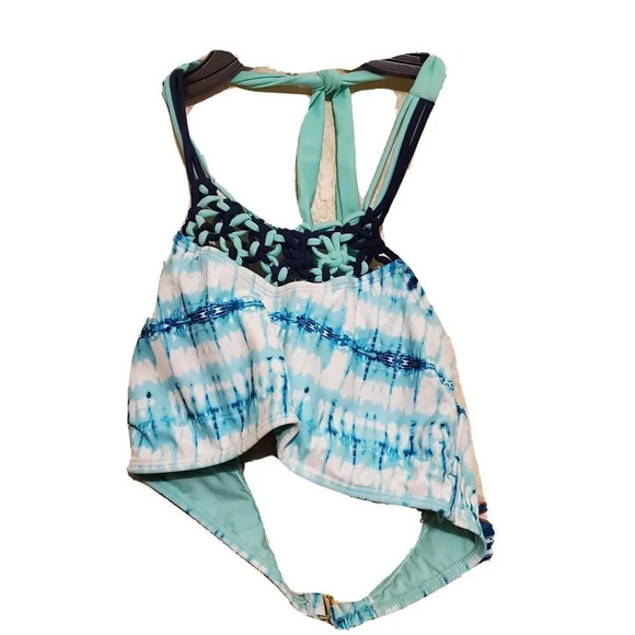 O'rageous Women’s Halter Tankini Bikini Swim Top Blue Tie Dye Crochet Boho Large - Picture 1 of 2